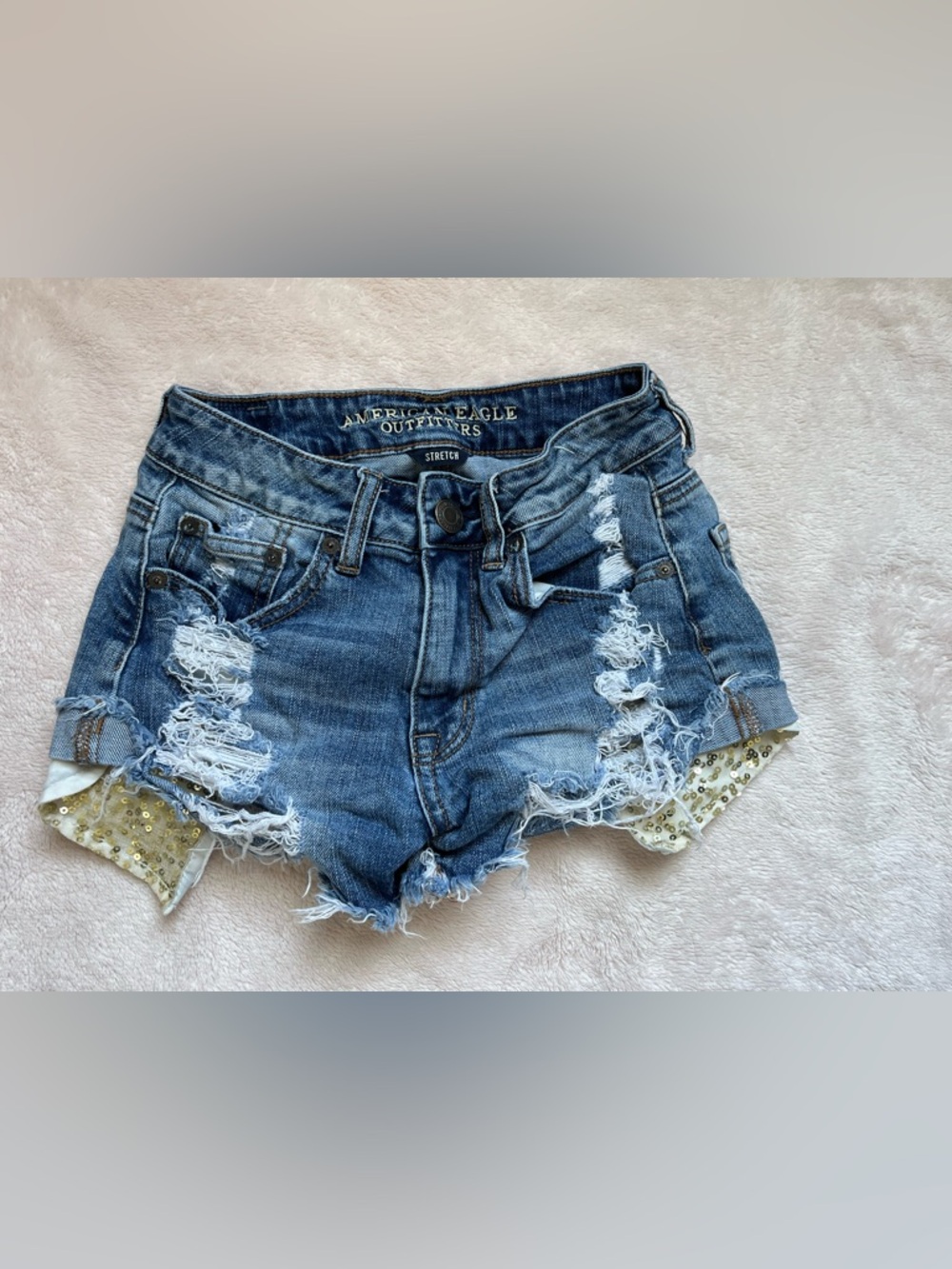 American Eagle Outfitters Blue Distressed Sequin-Trim Denim Shorts